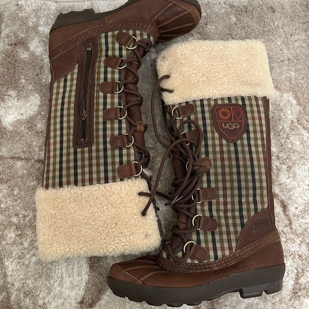 UGG Brown and Cream Plaid Boots
